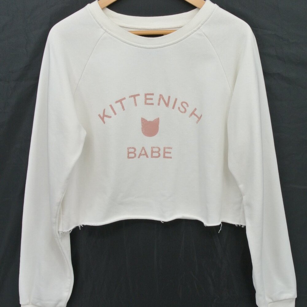 Kittenish Babe Graphic Cotton Blend‎ Cropped Sweatshirt White Pink L